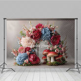 Aperturee - Aperturee Fairytale Mushroom and Floral Wreath Backdrop Enchanted Forest Wedding Whimsical Garden Party Photo Prop Decor